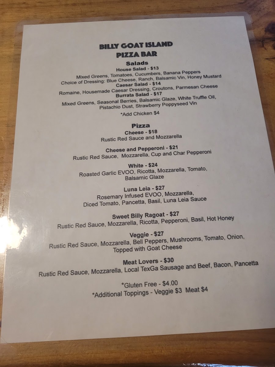Billy Goat Island Pizza Bar menu board