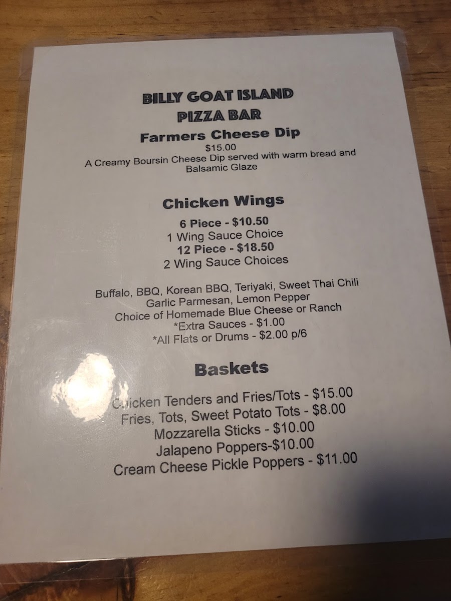 Billy Goat Island Pizza Bar menu board