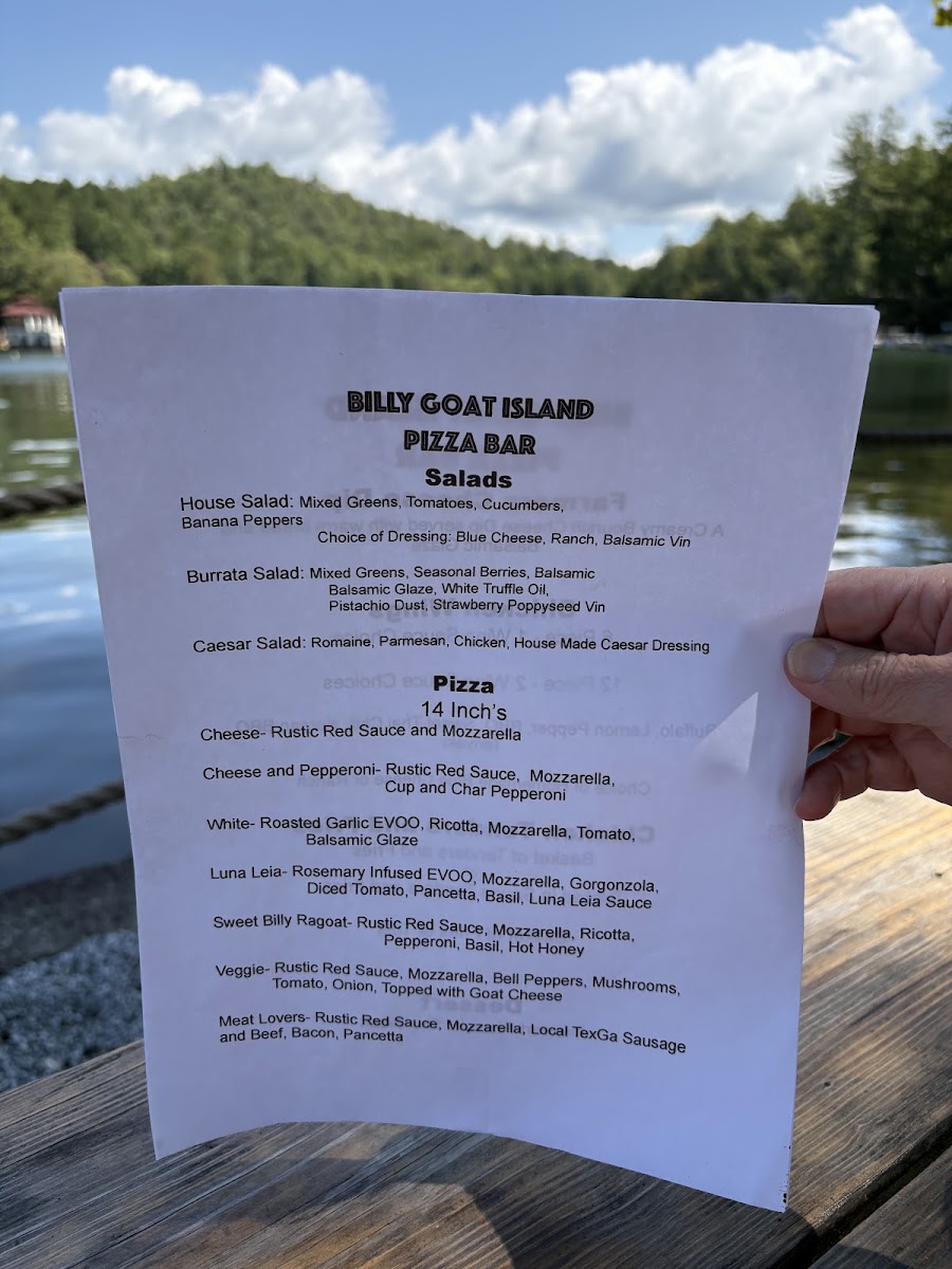 Billy Goat Island Pizza Bar menu board