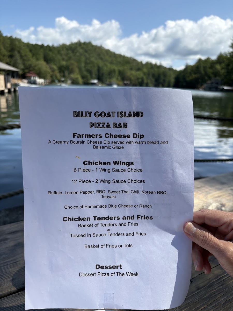 Billy Goat Island Pizza Bar menu board