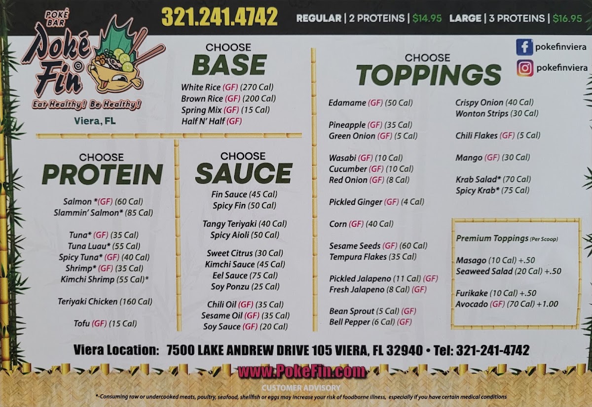 Poke Fin Viera menu board