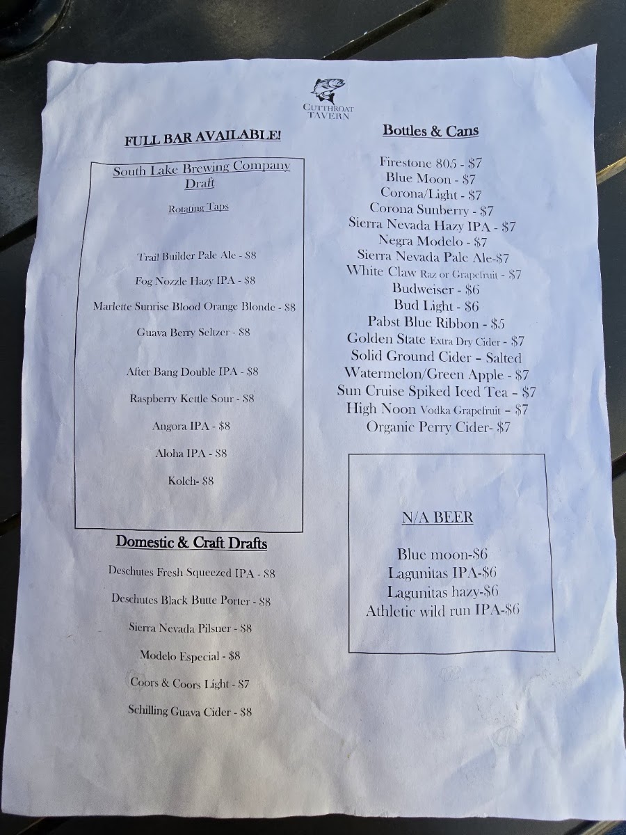 Cutthroat Tavern menu board