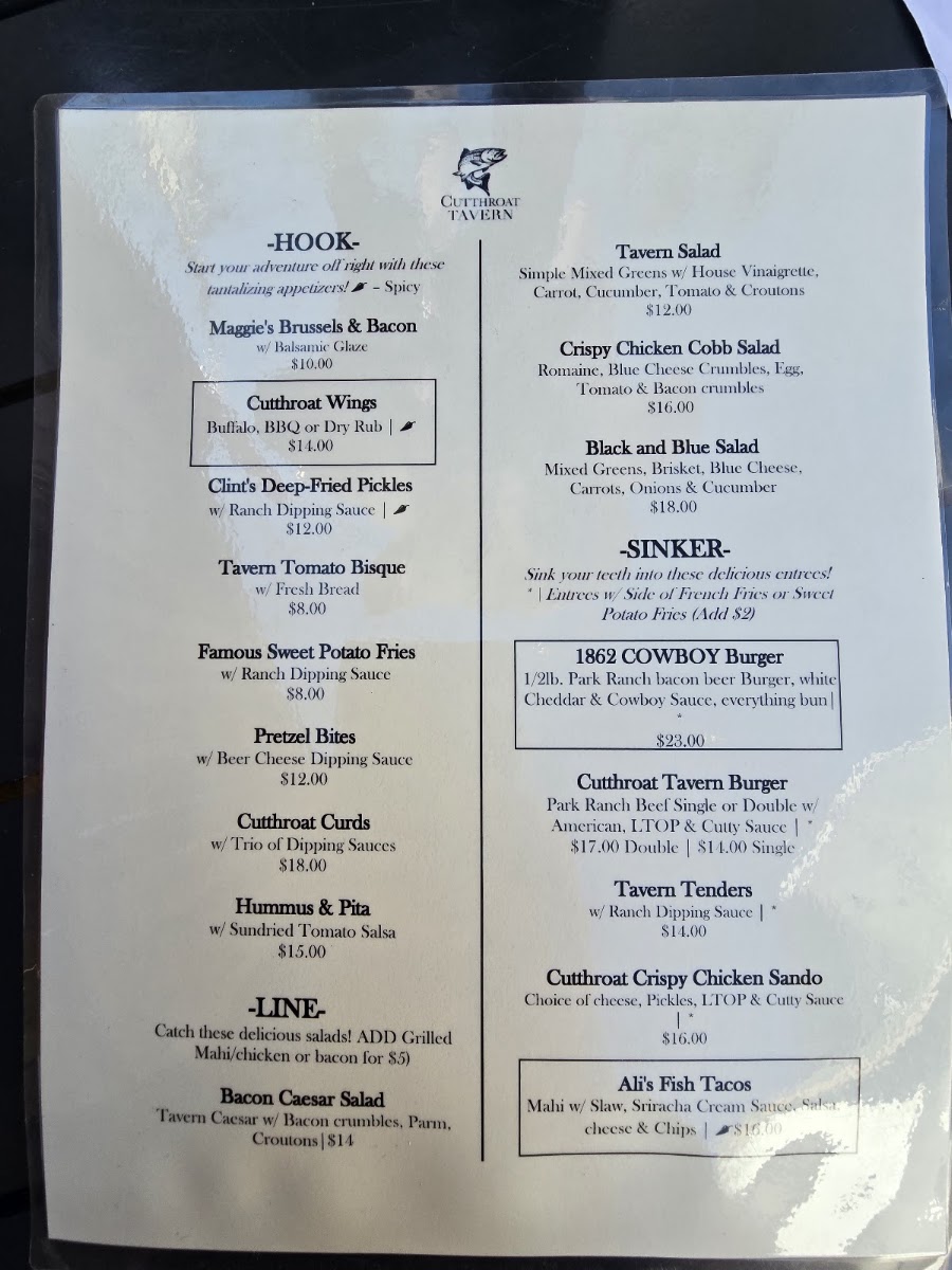 Cutthroat Tavern menu board