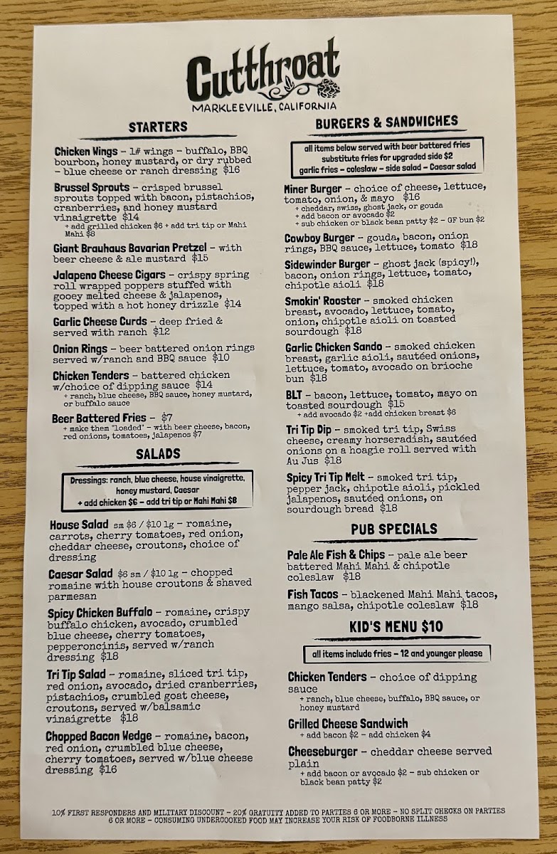 Cutthroat Tavern menu board