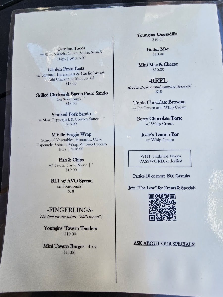 Cutthroat Tavern menu board