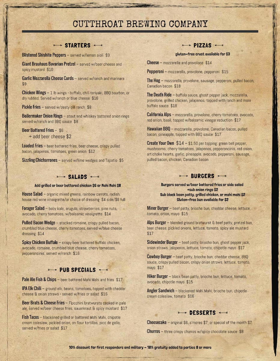 Cutthroat Tavern menu board