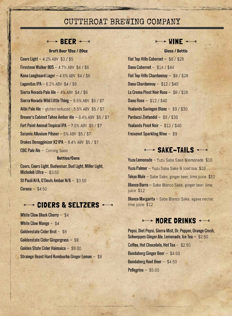 Cutthroat Tavern menu board
