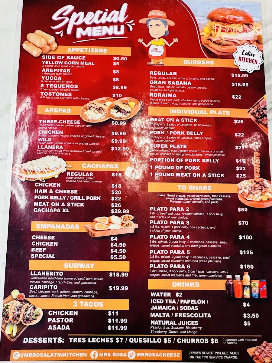 Mrs rosa restaurant- Venezuelan Food menu board