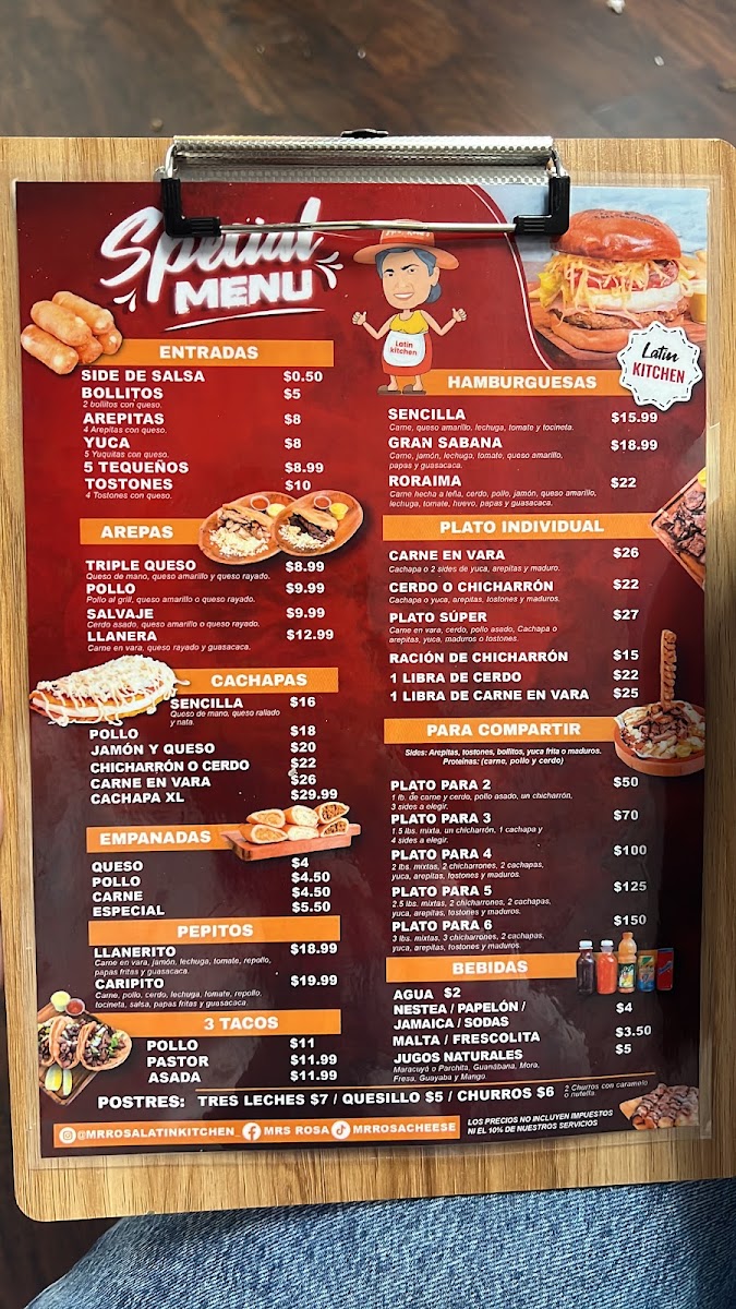 Mrs rosa restaurant- Venezuelan Food menu board
