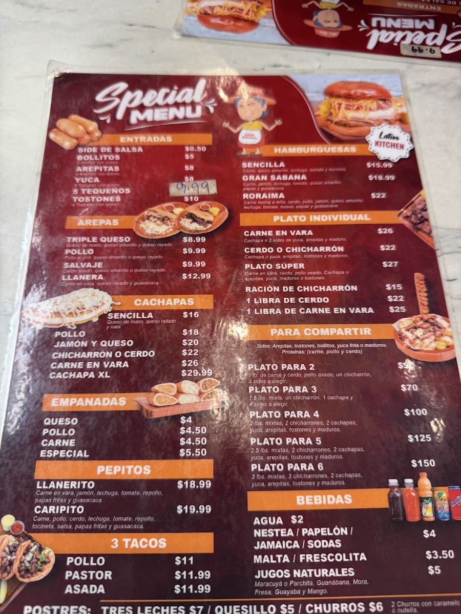 Mrs rosa restaurant- Venezuelan Food menu board