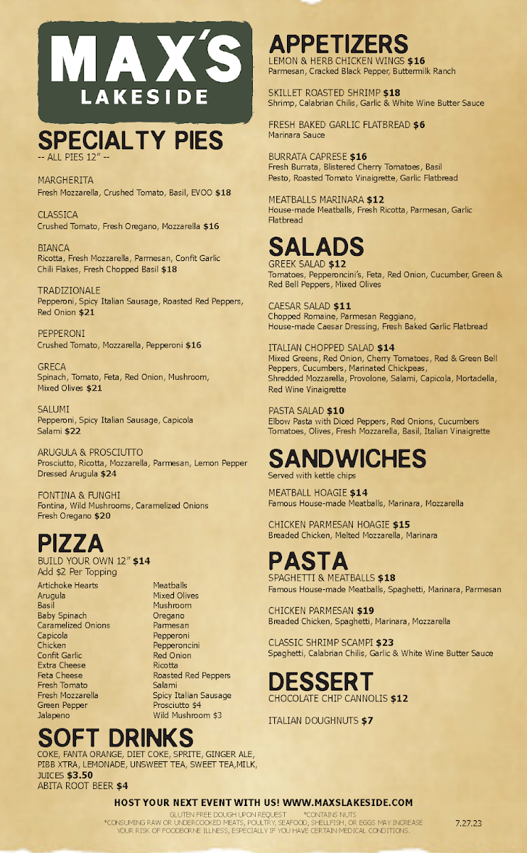 Max's Lakeside menu board