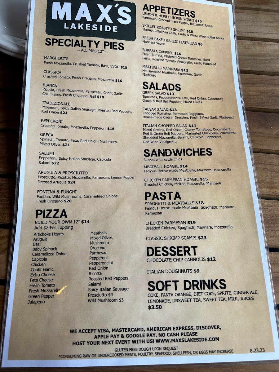 Max's Lakeside menu board