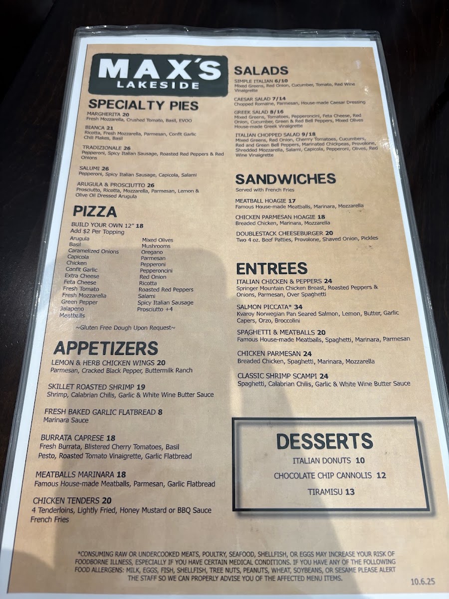 Max's Lakeside menu board