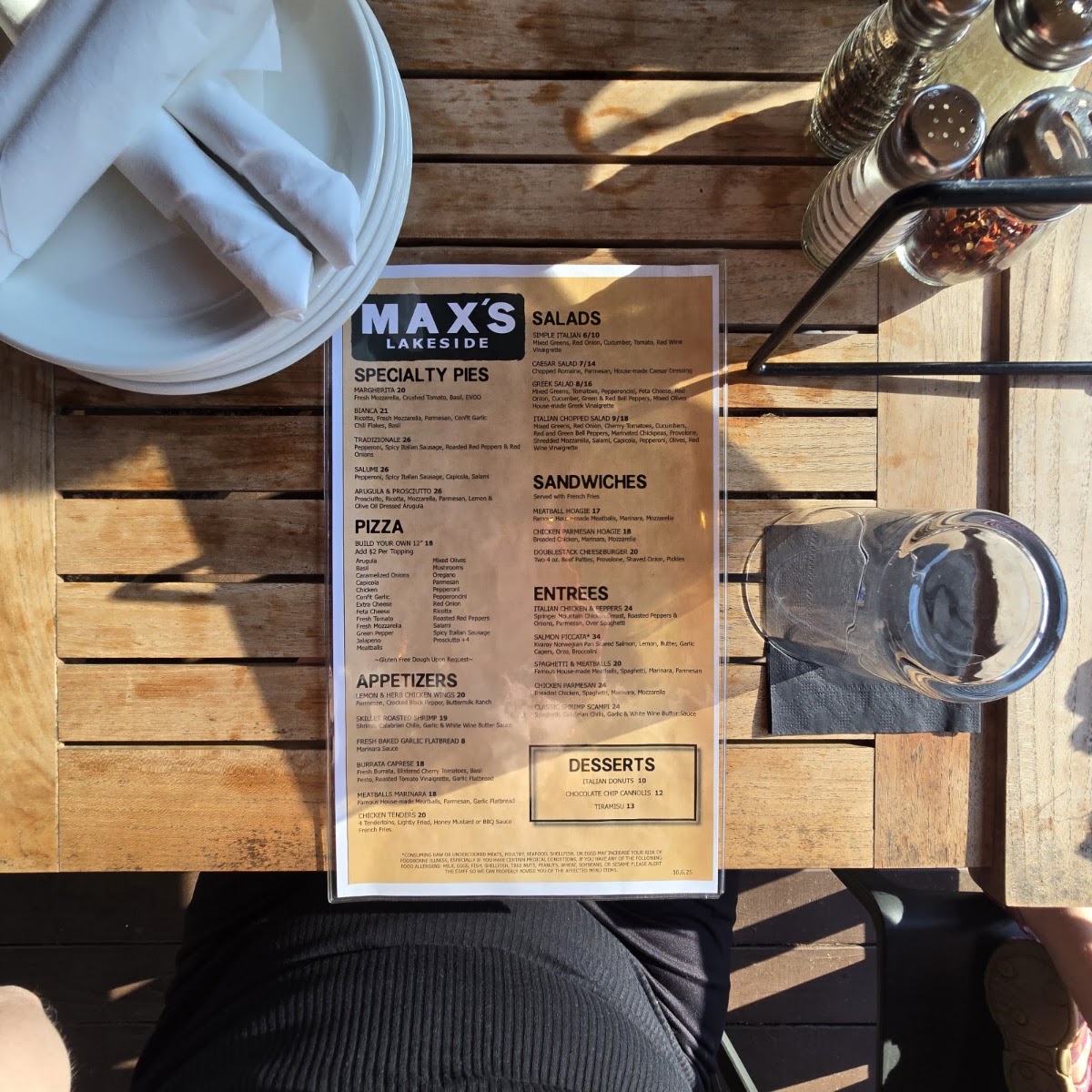 Max's Lakeside menu board
