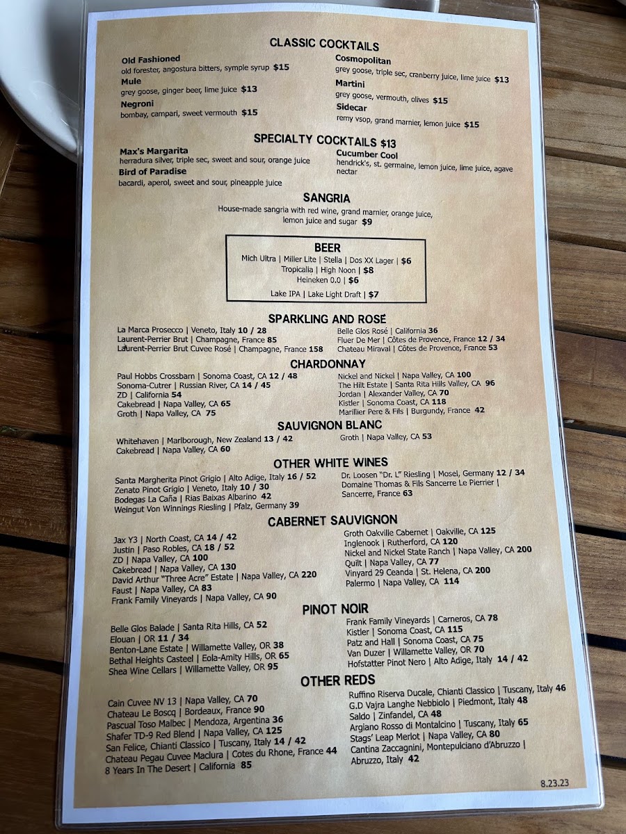 Max's Lakeside menu board