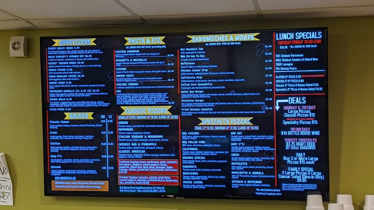 Huey P's Pizzeria and Daiquiris menu board