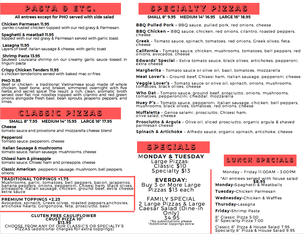 Huey P's Pizzeria and Daiquiris menu board