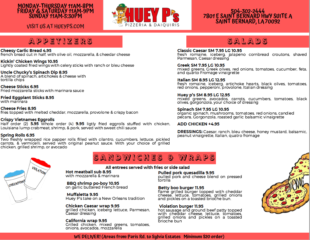 Huey P's Pizzeria and Daiquiris menu board