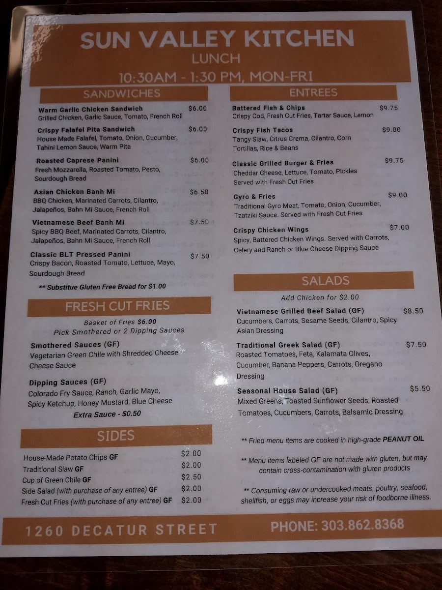 Sun Valley Kitchen menu board