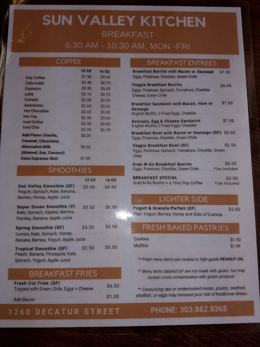 Sun Valley Kitchen menu board