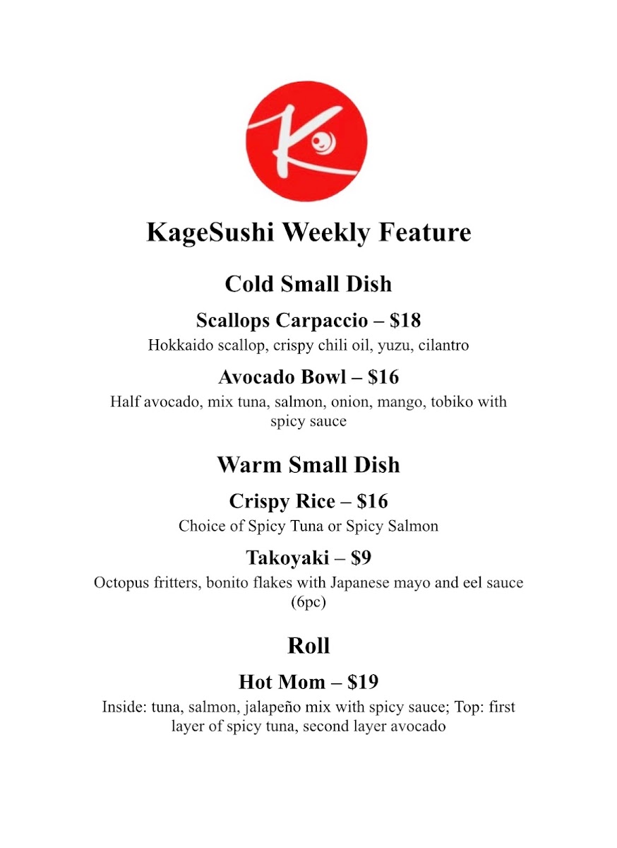 Kage Sushi menu board