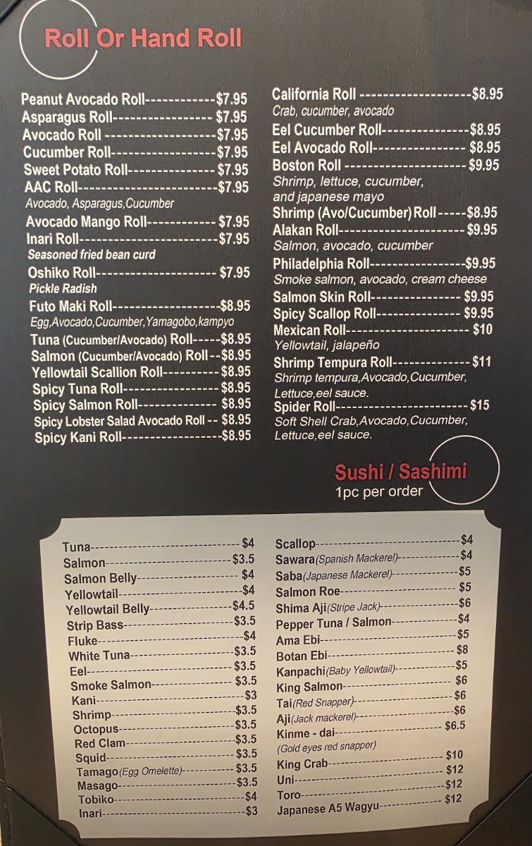 Kage Sushi menu board