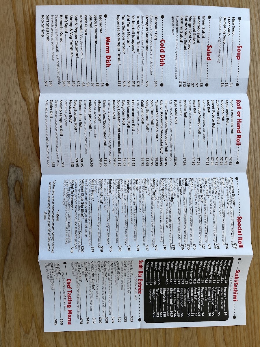Kage Sushi menu board