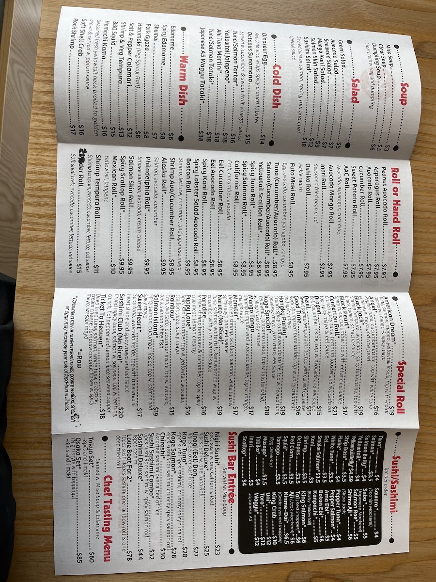 Kage Sushi menu board