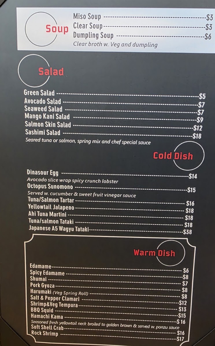 Kage Sushi menu board