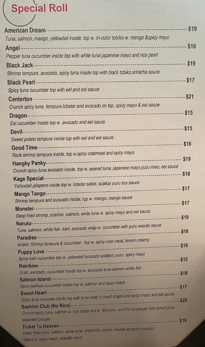 Kage Sushi menu board