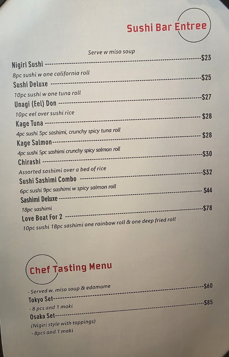 Kage Sushi menu board
