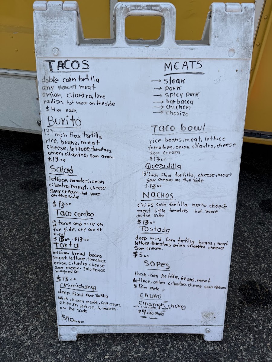 camilas taqueria menu board