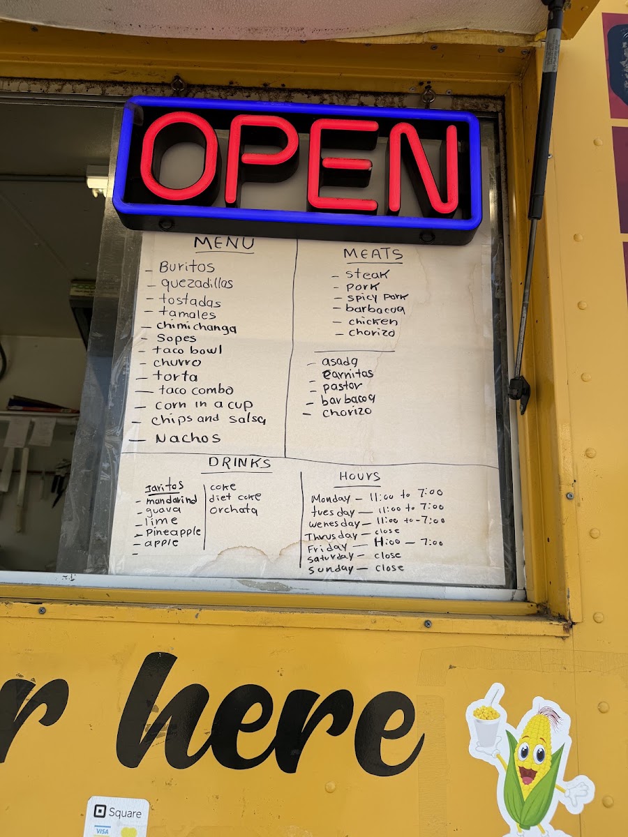 camilas taqueria menu board