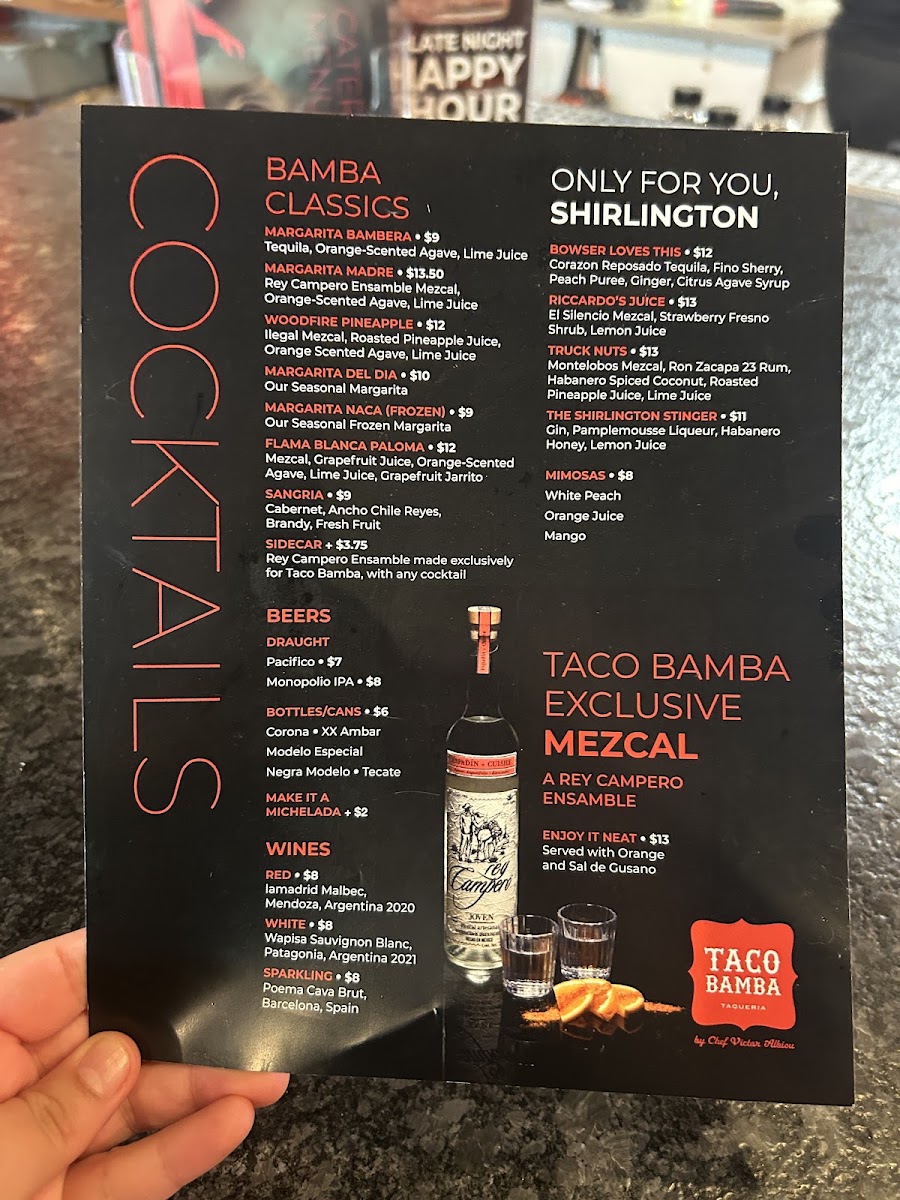 Taco Bamba Shirlington menu board
