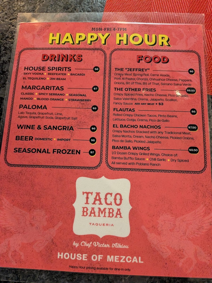 Taco Bamba Shirlington menu board