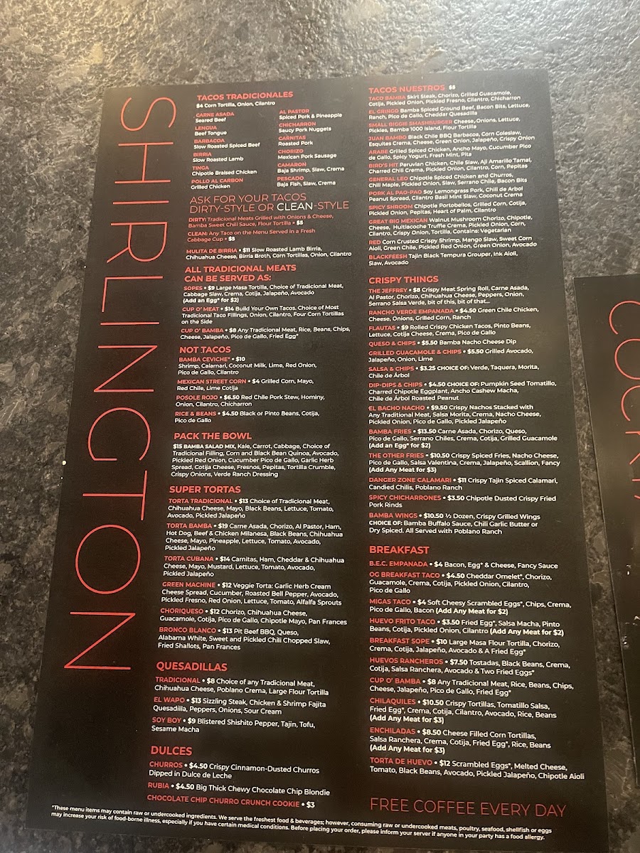 Taco Bamba Shirlington menu board