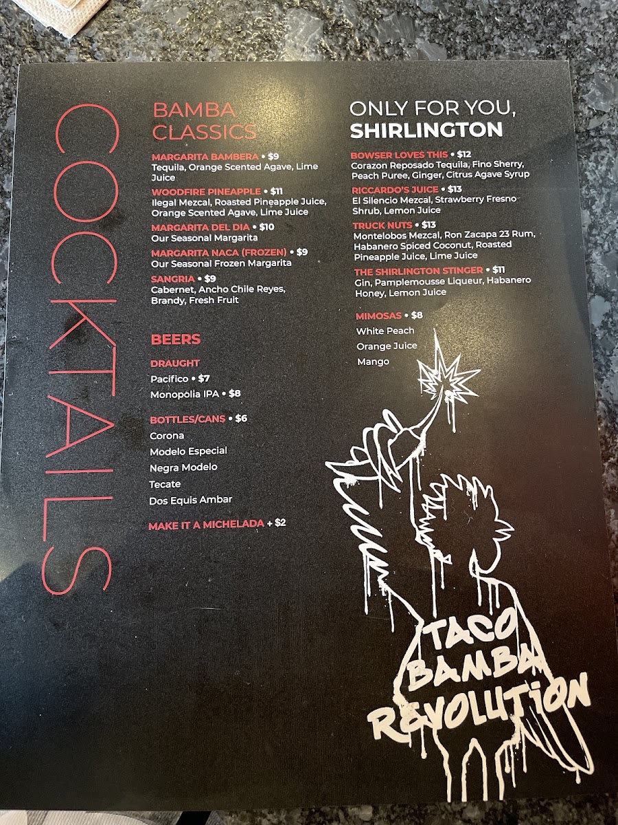 Taco Bamba Shirlington menu board