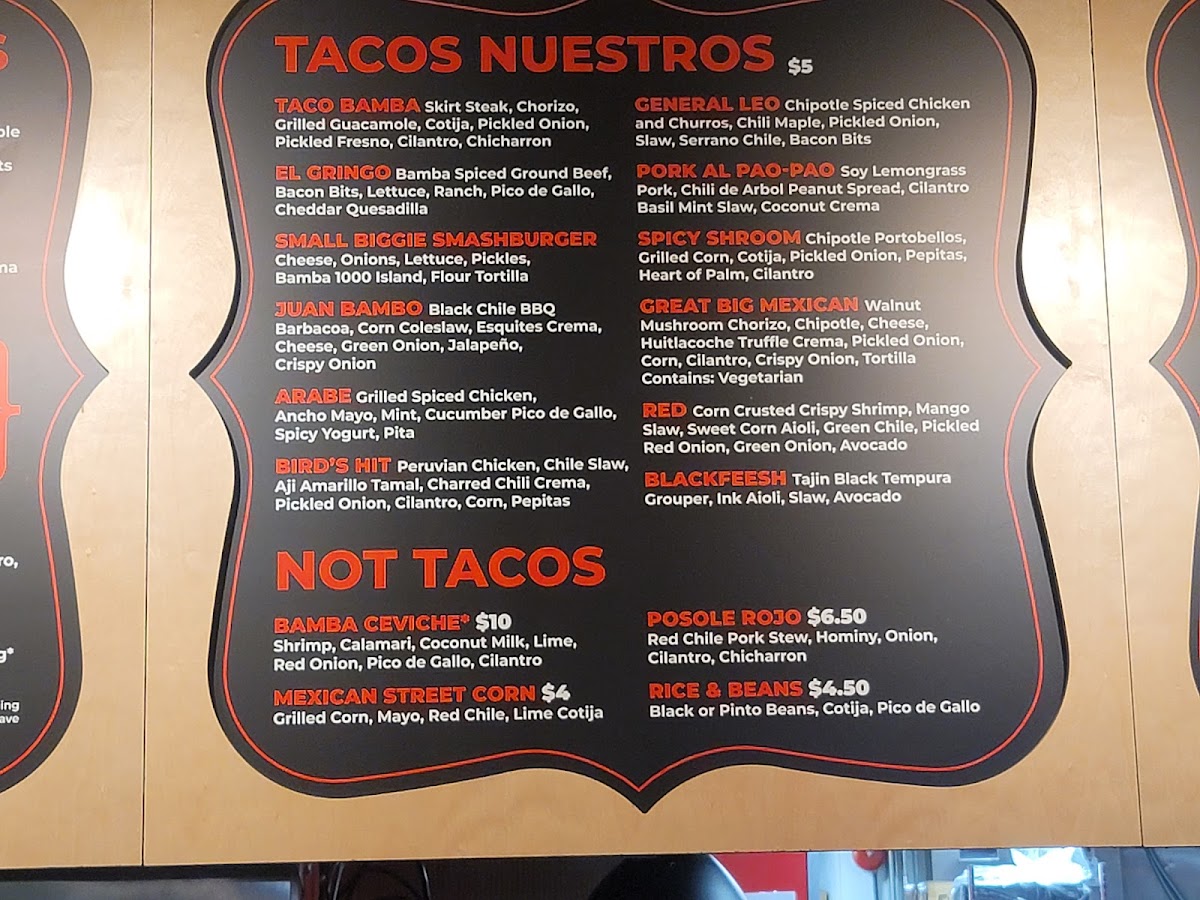 Taco Bamba Shirlington menu board