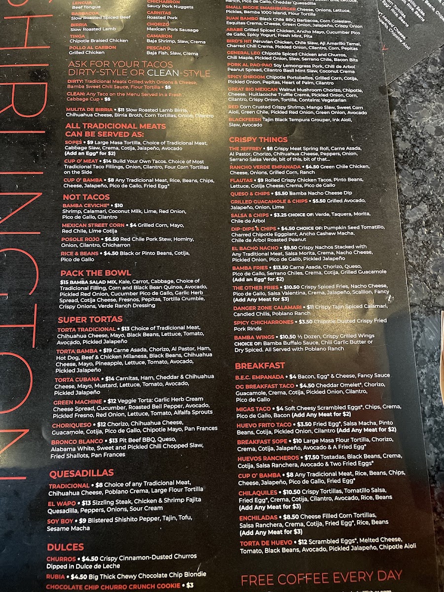 Taco Bamba Shirlington menu board