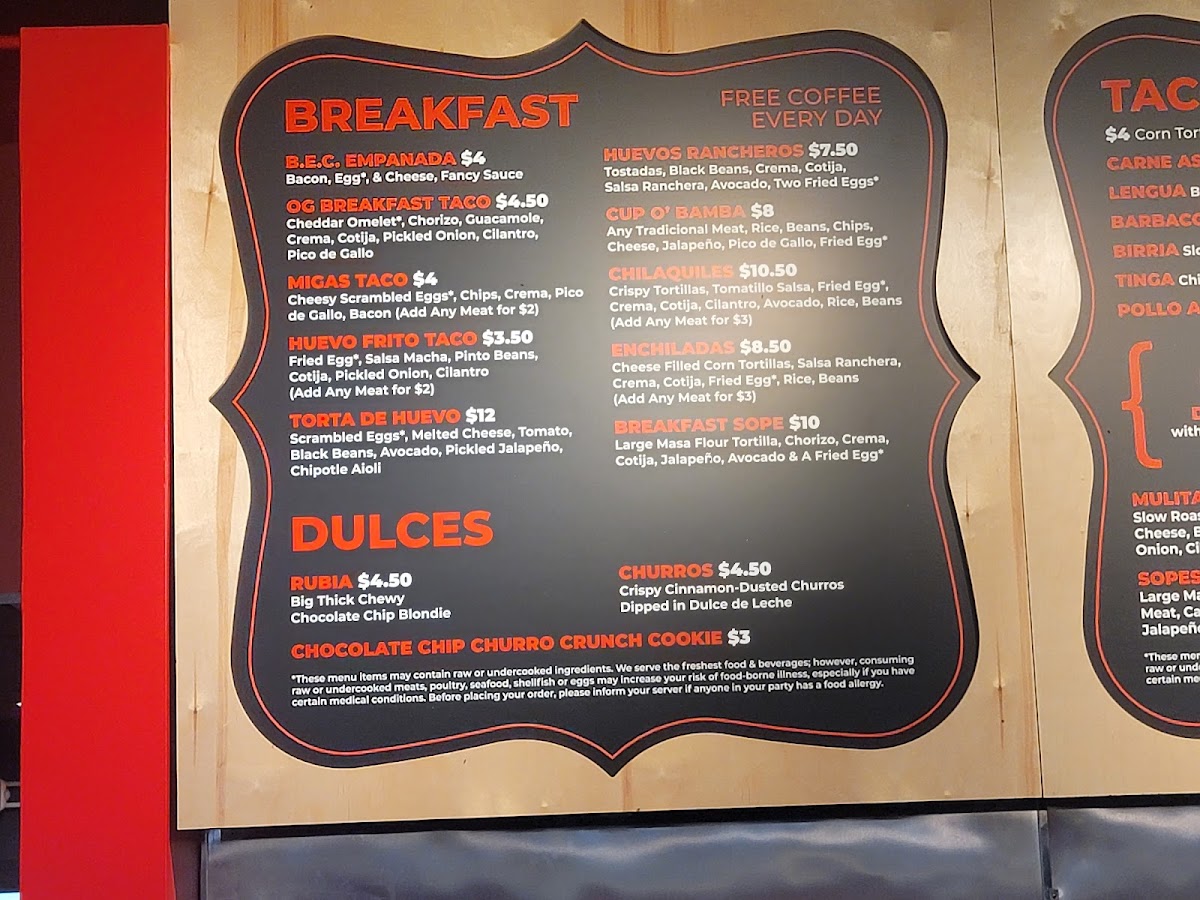 Taco Bamba Shirlington menu board