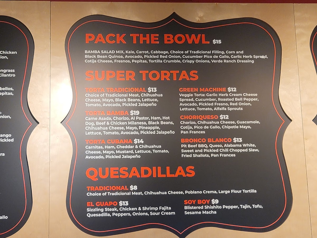 Taco Bamba Shirlington menu board