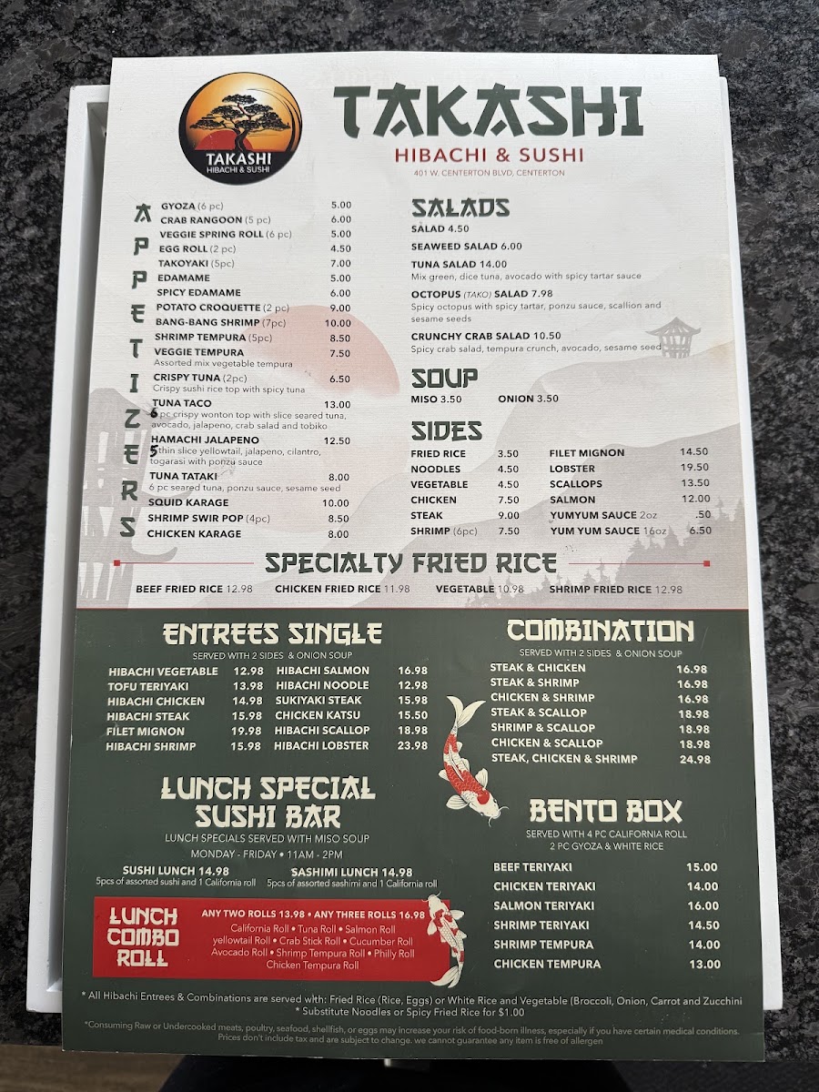 Takashi Hibachi & Sushi menu board