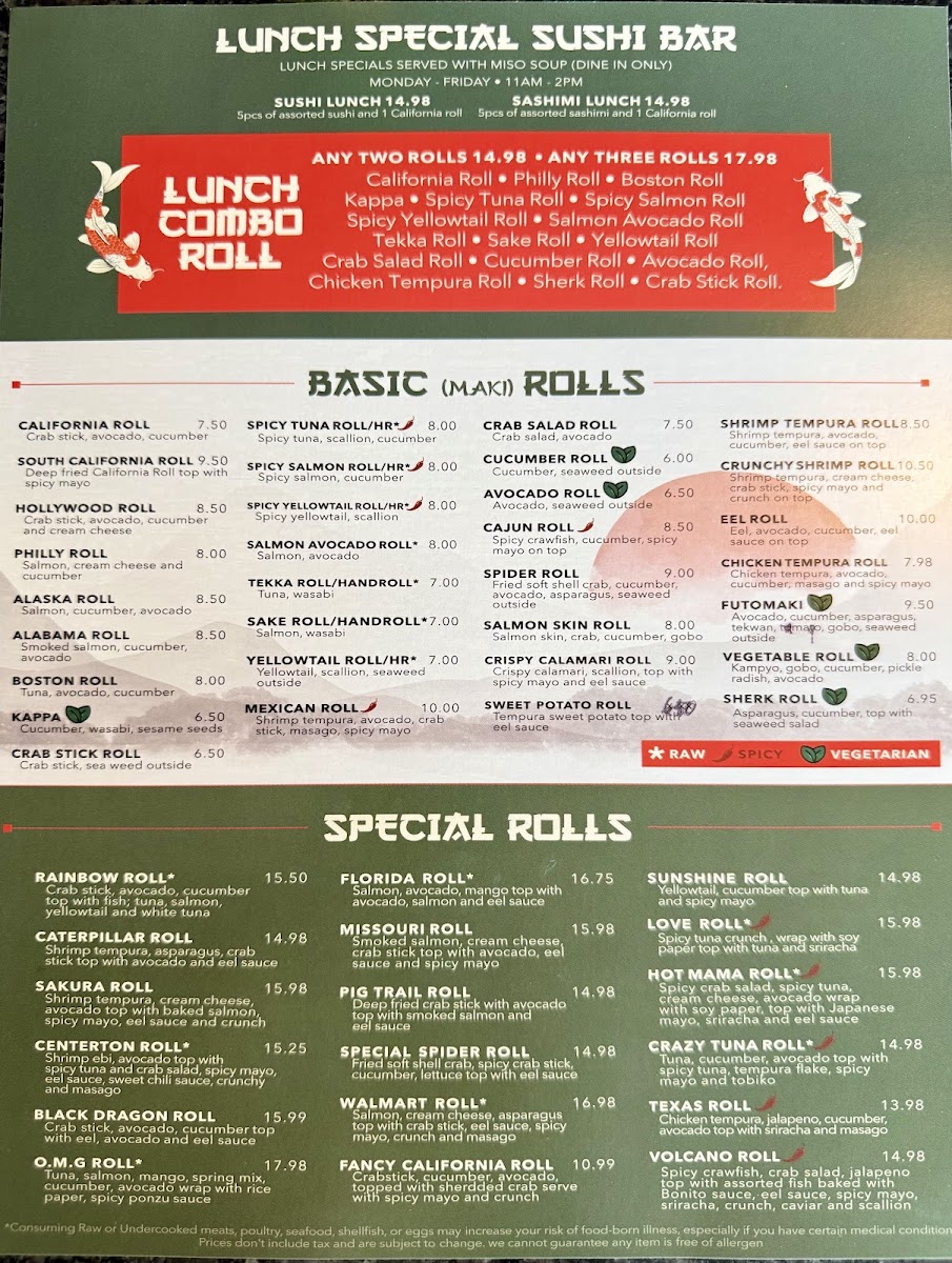 Takashi Hibachi & Sushi menu board