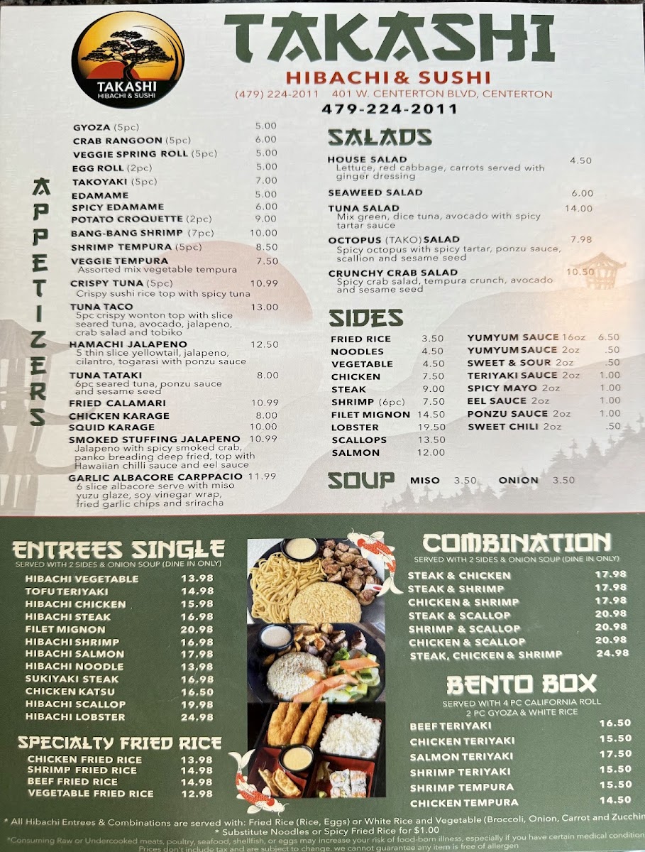Takashi Hibachi & Sushi menu board