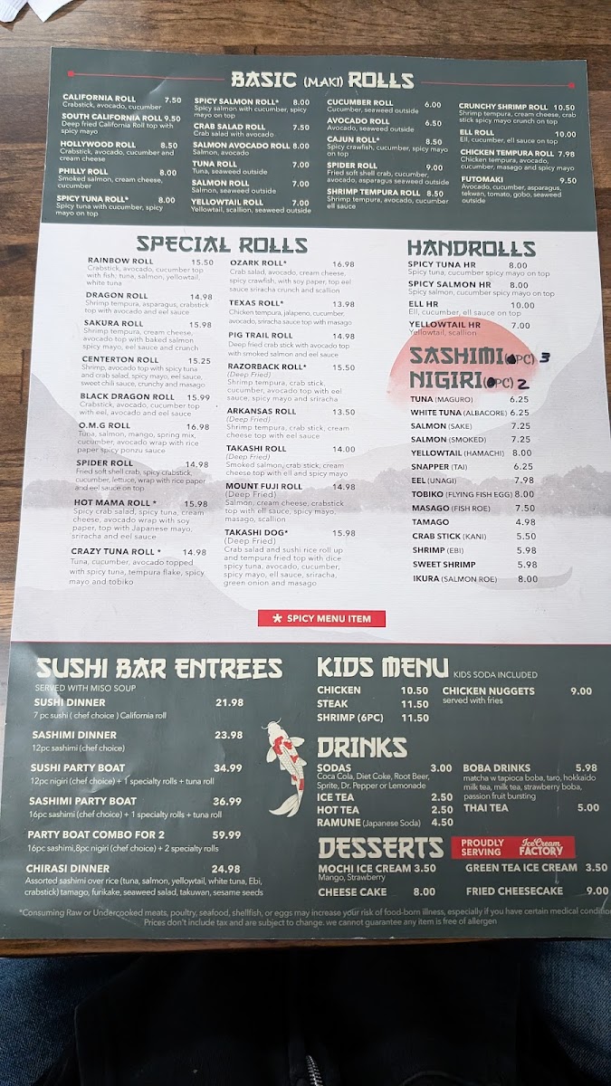 Takashi Hibachi & Sushi menu board