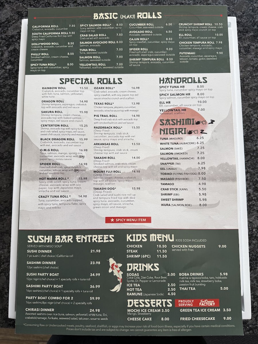 Takashi Hibachi & Sushi menu board