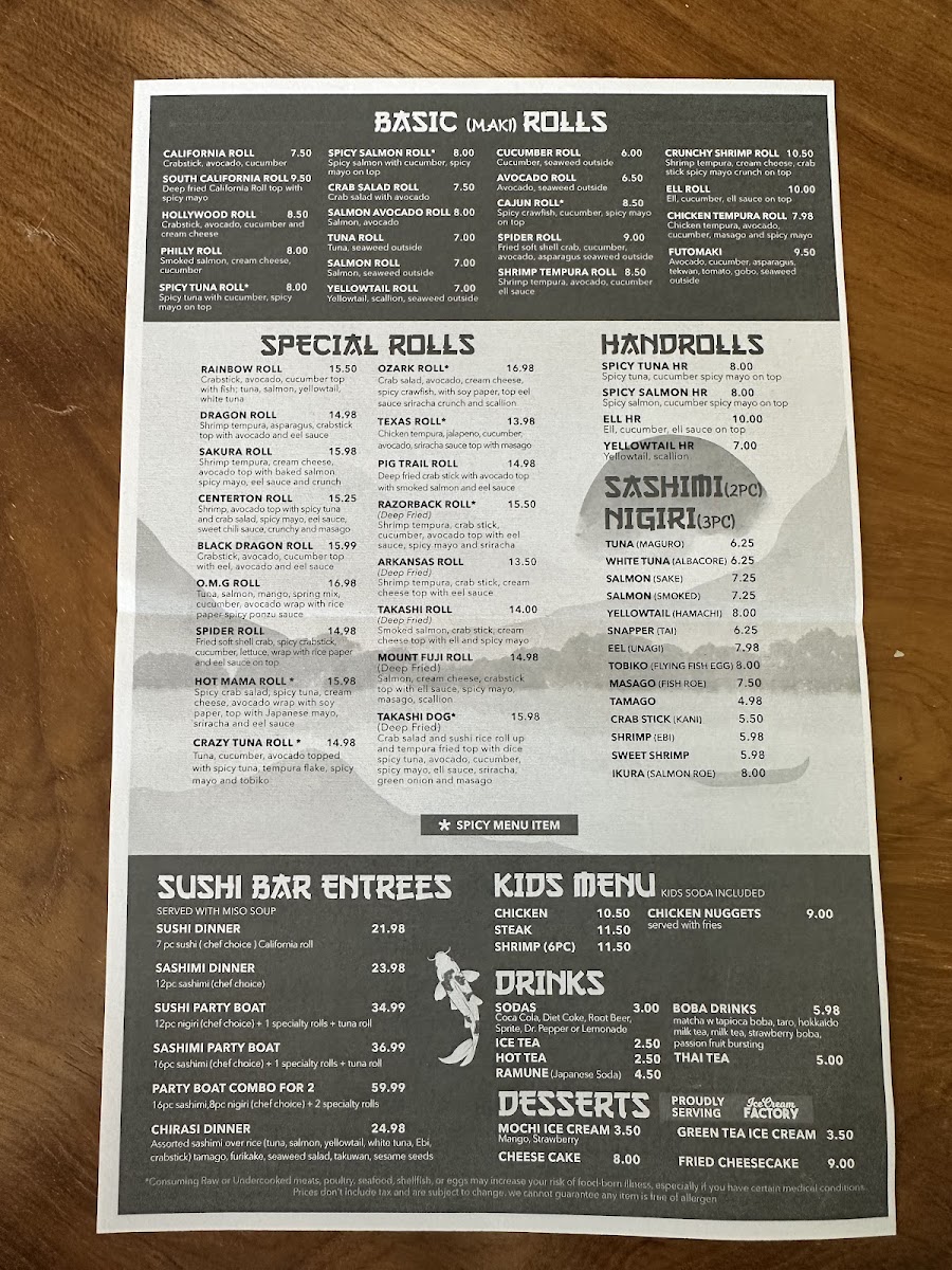 Takashi Hibachi & Sushi menu board