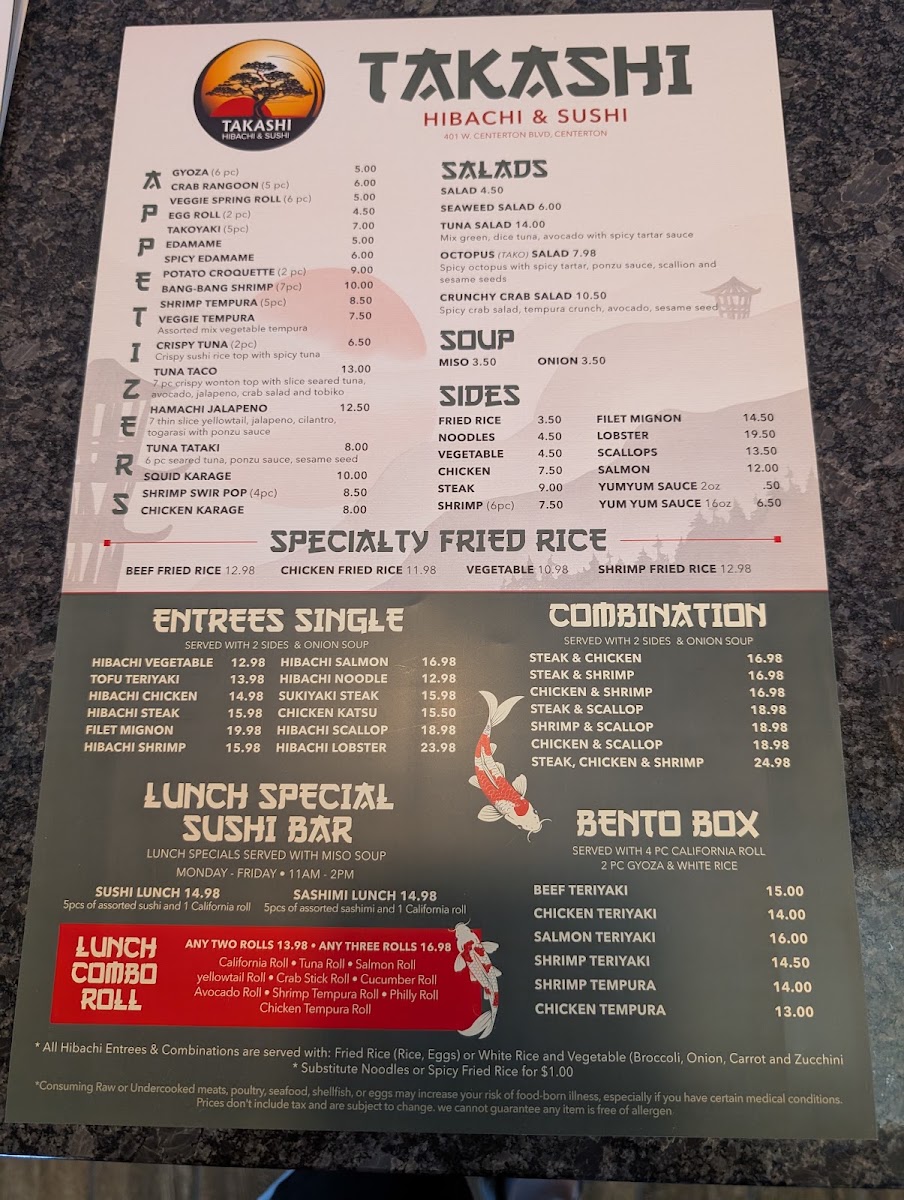 Takashi Hibachi & Sushi menu board
