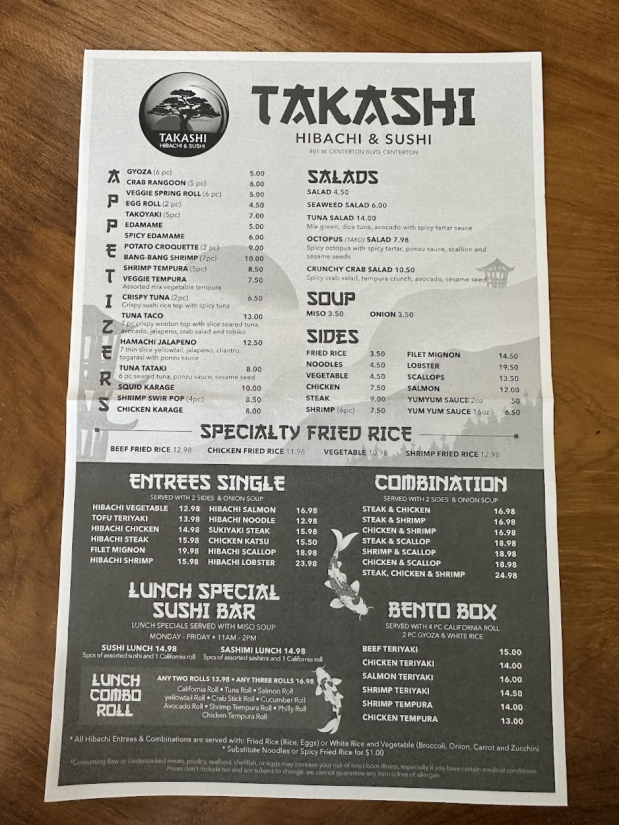 Takashi Hibachi & Sushi menu board