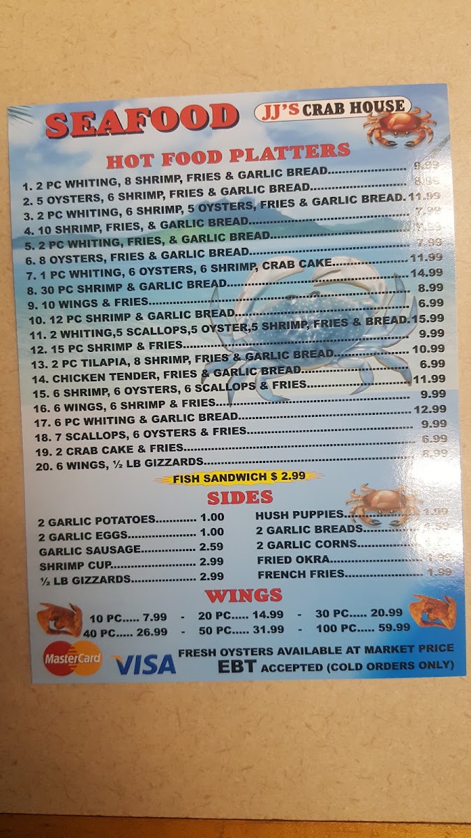 JJ's Crab House menu board